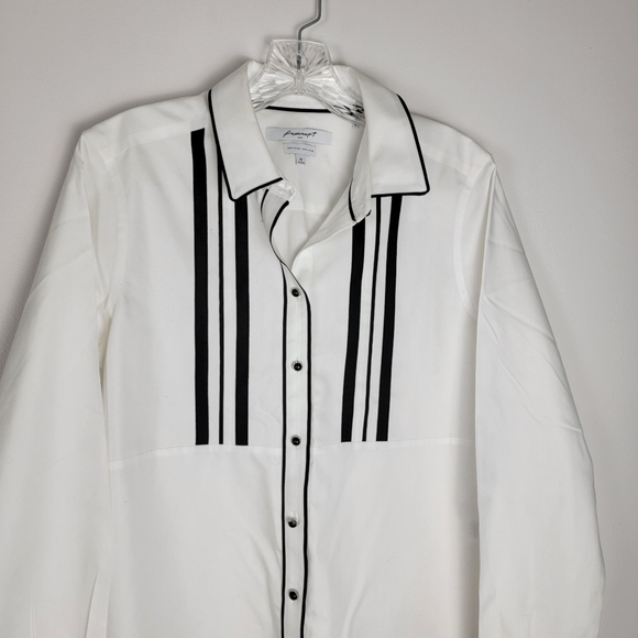 Foxcroft White Blouse Black Accents Crisp Cotton Shirt 10 Wrinkle Free Office - Picture 2 of 8